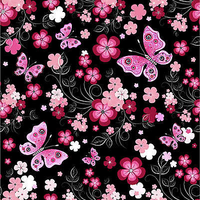 EPS 해외이미지 문양 분홍색 나비 잎 꽃무늬 패턴 일러스트 검은배경 사람없음 벚꽃 화려 해외일러스트 식물 꽃 컬러 곤충 백그라운드 컨셉 무늬 검은색 파일형식 벡터 이미지허브