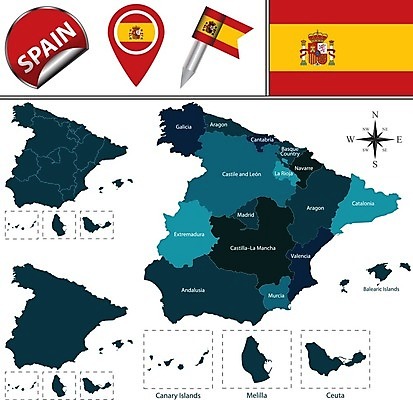 EPS 해외이미지 유럽 지도 일러스트 경계선 깃발 스페인 지역 마드리드 발렌시아 스페인어 지도책 해외202004 해외일러스트 나라 선 책 경계 파일형식 벡터 이미지허브