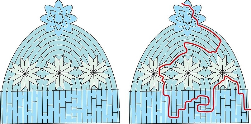EPS 해외이미지 교육 길 겨울 일러스트 파란색 게임 퍼즐 눈송이 만화 그림 미로 해결 구성 쉬운 캡모자 해외202004 해외일러스트 모자_잡화 계절 컬러 놀이 눈_날씨 파일형식 벡터 이미지허브
