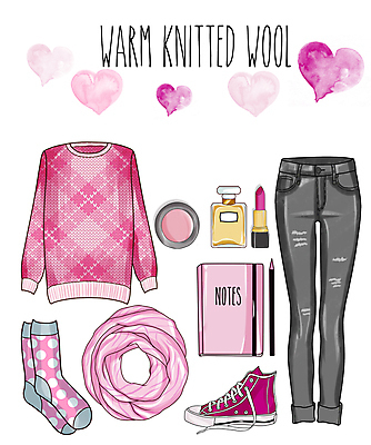 JPG 해외이미지 패션 분홍색 일러스트 바지 양말 사람없음 스카프 화장품 스웨터 스니커즈 엘리먼트 해외포토 포토 컬러 운동화 상의 하의 뷰티 목도리 파일형식 이미지허브