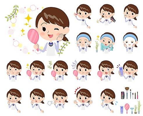 EPS 해외이미지 여자 일러스트 미소 여러명 상반신 성인 화장 뷰티 주름 피부관리 면도 스킨케어 마스크팩 세안제 성인여자만 해외202004 해외일러스트 다수 모션 표정 사람 팩 세안용품 여자만 성인만 파일형식 벡터 이미지허브