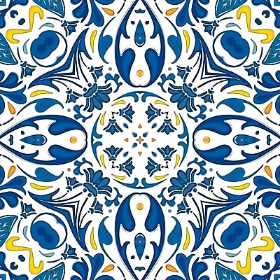 EPS 해외이미지 전통 디자인 패턴 오렌지 일러스트 벽지 추상 장식 파란색 노란색 흰색 포르투갈 타일 묘사 정사각형 모자이크 스페인어 아라베스크 엘리먼트 튀니지 해외202004 해외일러스트 도형 유럽 컬러 무늬 과일 아프리카 파일형식 벡터 이미지허브