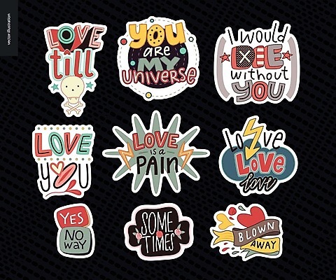 EPS 해외이미지 스티커 일러스트 사랑 사람없음 세트 검은색 해외202004 해외일러스트 감정 컬러 파일형식 벡터 이미지허브