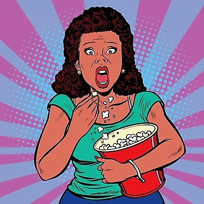 EPS 해외이미지 여자 일러스트 한명 들기 상반신 성인 놀람 먹기 집중 복고 팝아트 팝콘 카툰스타일 성인여자한명만 해외202004 하프톤 해외일러스트 시청하다 1 감정 컬러 컨셉 모션 표정 사람 그림 여자한명만 성인여자만 파일형식 벡터 이미지허브