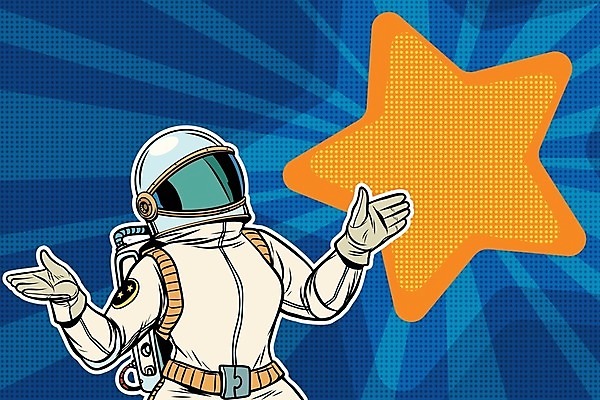 EPS 해외이미지 여자 별 일러스트 비즈니스 한명 상반신 성인 우주비행사 비즈니스우먼 팝아트 우주복 카툰스타일 의문 성인여자한명만 해외202004 해외일러스트 자연요소 1 옷 컨셉 사람 우주 직장인 그림 여자한명만 성인여자만 파일형식 벡터 이미지허브