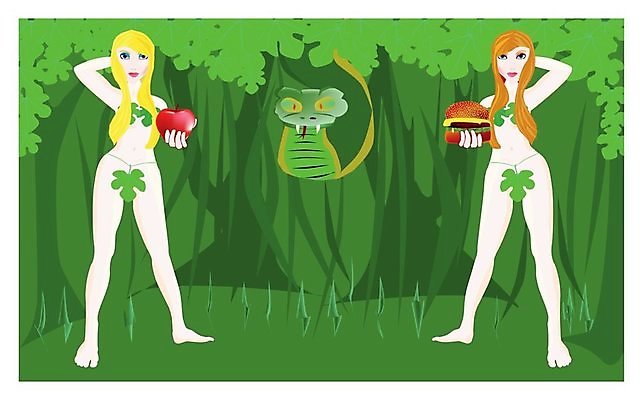 EPS 해외이미지 여자 일러스트 그래픽 초록색 금발 정원 햄버거 최고 뱀 선택 사과 유혹 그림 빨간머리 나쁜 적갈색 해외202004 해외일러스트 헤어스타일 컬러 컨셉 과일 파충류 패스트푸드 사람 갈색 파일형식 벡터 이미지허브