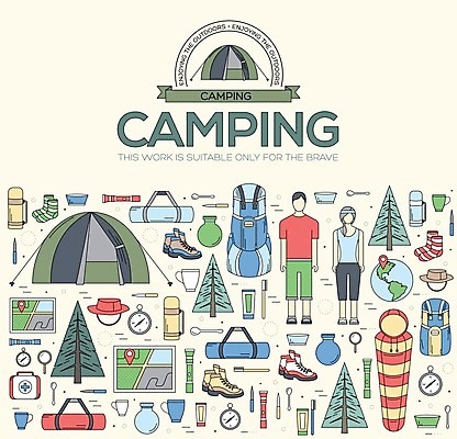 EPS 해외이미지 구름 지도 가방 일러스트 배낭 산 텐트 사람없음 여름 봄 손전등 칼 숲 나침반 도끼 해외202004 해외일러스트 자연요소 잡화 계절 조명 캠핑도구 파일형식 벡터 이미지허브