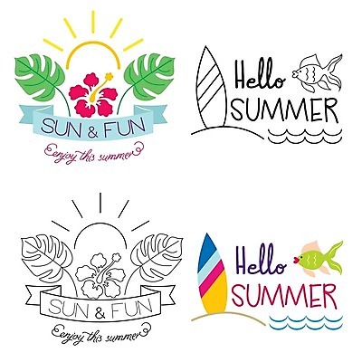 EPS 해외이미지 영어 꽃 선 여행 일러스트 휴가 어류 타이포그라피 사람없음 세트 서핑보드 색칠공부 히비스커스 해외202004 해외일러스트 식물 문자 학습 수중동물 보드_스포츠 색칠 파일형식 벡터 이미지허브