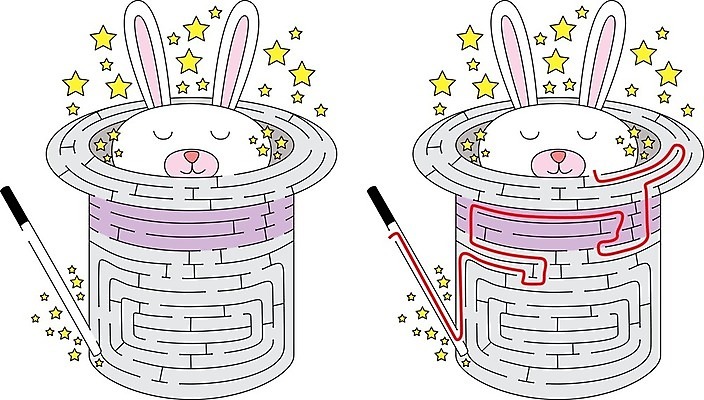 EPS 해외이미지 교육 별 길 일러스트 장난 지팡이 게임 흰색 토끼 퍼즐 만화 그림 마법 미로 해결 구성 쉬운 해외202004 해외일러스트 자연요소 컬러 포유류 놀이 반려동물 파일형식 벡터 이미지허브