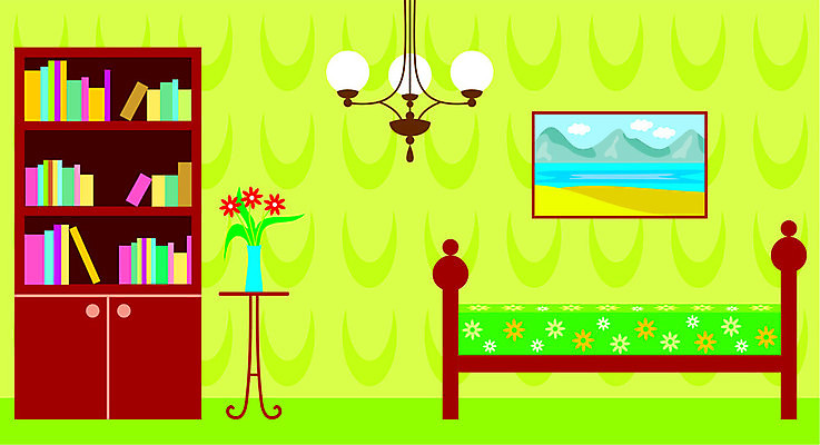 EPS 해외이미지 디자인 꽃 벽 가구 거실 일러스트 탁자 책장 바닥 아파트 주택 실내 내부 장식 초록색 꽃병 침실 방 침대 램프 클래식 우아함 그림 심플 리빙 해외202004 해외일러스트 식물 컬러 생활용품 컨셉 조명 건물 파일형식 벡터 이미지허브