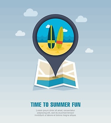 EPS 해외이미지 구름 디자인 여행 지도 일러스트 해변 사람없음 여름 여름휴가 바캉스 서핑보드 사인 위치 해외202004 해외일러스트 자연요소 계절 바다 휴가 보드_스포츠 파일형식 벡터 여름_계절 이미지허브