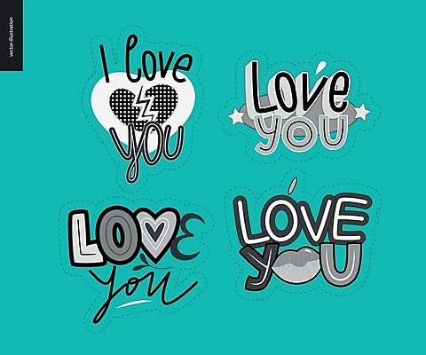 EPS 해외이미지 스티커 일러스트 사랑 타이포그라피 사람없음 세트 라벨 청록색 해외202004 해외일러스트 문자 감정 컬러 프레임 파일형식 벡터 이미지허브