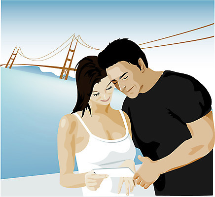 EPS 주간 웰빙 부부 커플 계절 여자 남자 바다 여행 북아메리카 일러스트 사람 취미 야외 두명 여름 관광지 여름휴가 바캉스 미국 금문교 기념사진 국내일러스트 자연요소 관계 휴가 아메리카 다리_건축물 파일형식 벡터 여름_계절