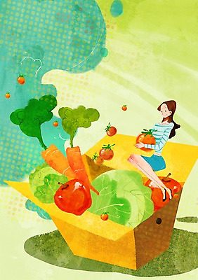 전신 PSD 우먼라이프 라이프스타일 여자 다이어트 채소 일러스트 방울토마토 한명 사람 앉기 성인 라이프 상자 뷰티 당근 사과 양배추 국내일러스트 1 토마토 과일 모션 뿌리채소 건강 생활 파일형식