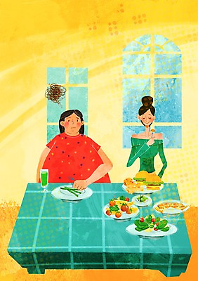 PSD 우먼라이프 라이프스타일 접시 여자 음식 다이어트 채소 과일 일러스트 창문 탁자 피자 사람 앉기 상반신 성인 두명 라이프 컵 뷰티 식사 치킨 샐러드 햄버거 과일주스 몸무게 식단 조절 과체중 성인여자만 국내일러스트 식기 가구 모션 패스트푸드 서양음식 건강 생활 주스 닭고기요리 여자만 성인만 파일형식