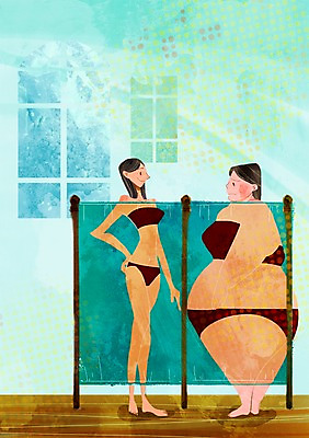 전신 PSD 우먼라이프 라이프스타일 여자 수영복 실루엣 다이어트 일러스트 창문 서기 사람 성인 두명 라이프 비키니 뷰티 커튼 비교 몸무게 과체중 성인여자만 국내일러스트 옷 컨셉 모션 촬영기법 건강 생활 여자만 성인만 파일형식