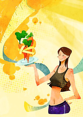 PSD 우먼라이프 라이프스타일 접시 여자 다이어트 채소 일러스트 줄자 한명 서기 들기 사람 상반신 성인 라이프 뷰티 당근 국내일러스트 1 식기 모션 뿌리채소 자 건강 생활 파일형식