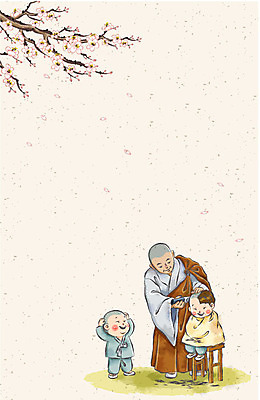 전신 나무 식물 기념일 남자 꽃 아시아 종교 문화 어린이 백그라운드 불교 의자 일러스트 서기 사람 앉기 소년 세명 머리카락 부처님오신날 벚꽃 이발 승려 동자승 승복 바리깡 삭발 남자만 어린이만 소년만 국내일러스트 AI파일 나라 가구 모션 이벤트 머리 성직자 파일형식 벡터