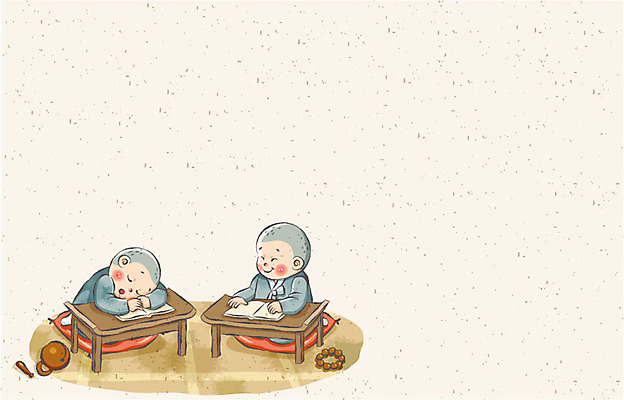 전신 기념일 남자 아시아 종교 문화 어린이 백그라운드 불교 일러스트 탁자 방석 웃음 사람 앉기 소년 두명 책 펼침 부처님오신날 졸음 승려 동자승 목탁 승복 불경 남자만 어린이만 소년만 국내일러스트 AI파일 감정 나라 가구 모션 표정 이벤트 성직자 불교용품 파일형식 벡터