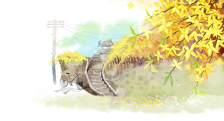 PSD 식물 건축물 계절 꽃 컬러 백그라운드 꽃백그라운드 일러스트 자연 주택 풍경 사람없음 건물 노란색 계단 마을 자전거 봄풍경 봄 개나리 전봇대 돌담길 봄배경 국내일러스트 공공시설 건축 길 돌담 바이크 생태계 파일형식