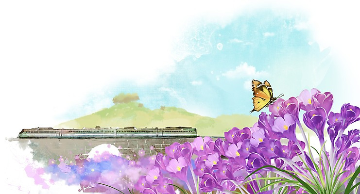 PSD 식물 동물 한마리 계절 꽃 컬러 나비 곤충 백그라운드 꽃백그라운드 일러스트 자연 산 풍경 사람없음 보라색 봄풍경 봄 기찻길 기차 전차 사프란 가교 봄배경 국내일러스트 1 건축물 육상교통 대중교통 향신료 생태계 파일형식