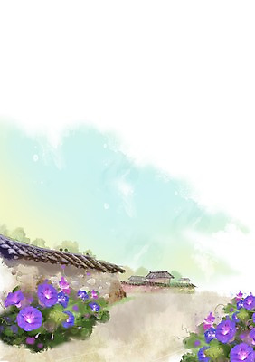PSD 식물 건축물 계절 꽃 컬러 백그라운드 꽃백그라운드 일러스트 자연 주택 기와 풍경 사람없음 건물 담장 마을 보라색 봄풍경 봄 풀 나팔꽃 봄배경 국내일러스트 건축 생태계 파일형식