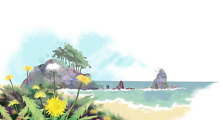 PSD 나무 식물 계절 꽃 파도 바다 백그라운드 꽃백그라운드 일러스트 자연 풍경 해변 사람없음 모래사장 봄풍경 봄 돌_바위 바위 풀 민들레 봄배경 국내일러스트 생태계 파일형식