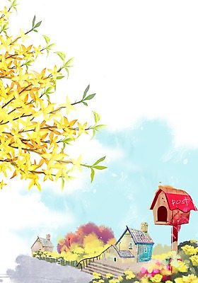 PSD 나무 식물 건축물 계절 꽃 컬러 백그라운드 꽃백그라운드 일러스트 자연 거리 주택 풍경 사람없음 건물 노란색 마을 봄풍경 봄 우체통 풀 개나리 봄배경 국내일러스트 건축 생태계 파일형식