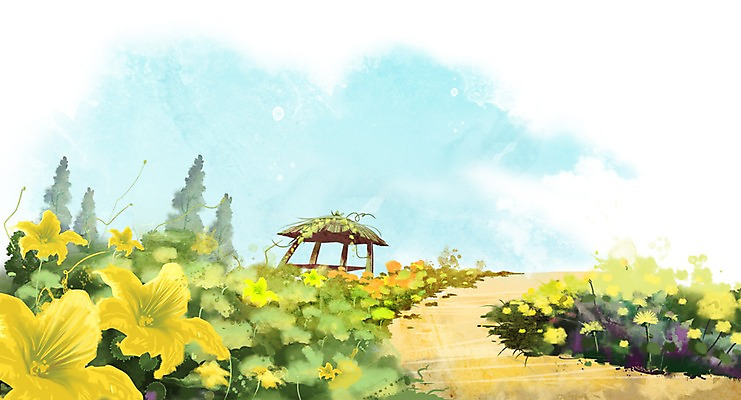 PSD 나무 식물 계절 꽃 길 컬러 백그라운드 밭 꽃백그라운드 일러스트 자연 풍경 사람없음 노란색 봄풍경 봄 풀 오두막 호박꽃 봄배경 국내일러스트 농업 생태계 파일형식