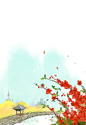 PSD 식물 건축물 계절 꽃 컬러 백그라운드 꽃백그라운드 일러스트 자연 풍경 사람없음 건물 빨간색 강 노란색 계곡 봄풍경 봄 정자 매화 남산타워 봄배경 국내일러스트 건축 생태계 남산 파일형식