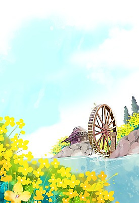 PSD 나무 식물 시설물 건축물 계절 꽃 컬러 백그라운드 꽃백그라운드 일러스트 자연 풍경 사람없음 건물 강 노란색 봄풍경 봄 풀 유채 방아 물레방아 봄배경 국내일러스트 건축 생태계 파일형식