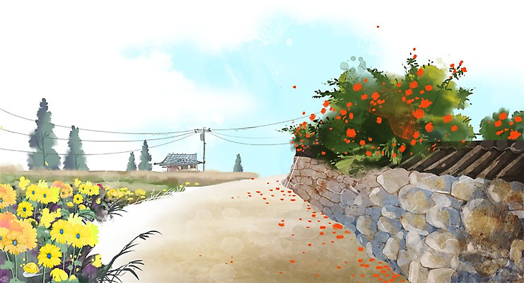 PSD 나무 식물 건축물 계절 꽃 길 백그라운드 꽃백그라운드 일러스트 자연 거리 주택 돌담 풍경 초원 사람없음 건물 담장 마을 봄풍경 봄 풀 전봇대 돌담길 봄배경 국내일러스트 공공시설 건축 돌_바위 생태계 파일형식