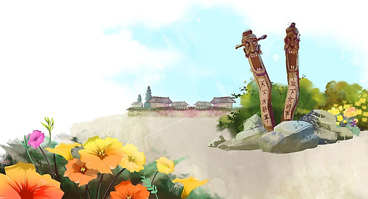 PSD 식물 건축물 계절 꽃 백그라운드 꽃백그라운드 일러스트 자연 주택 풍경 사람없음 건물 조형물 마을 봄풍경 봄 돌_바위 바위 풀 장승 목장승 메꽃 봄배경 국내일러스트 건축 미술 생태계 파일형식