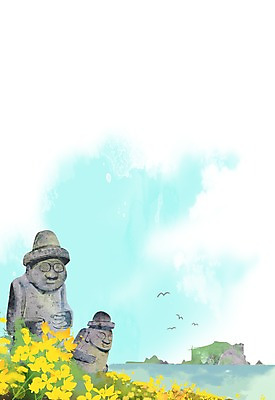 PSD 나무 식물 동물 계절 꽃 바다 컬러 섬 백그라운드 꽃밭 꽃백그라운드 일러스트 자연 갈매기 조류 풍경 사람없음 제주도 노란색 봄풍경 봄 풀 돌하르방 유채 봄배경 국내일러스트 한국 생태계 파일형식