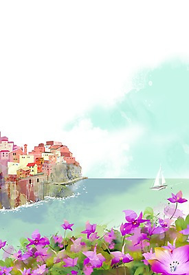 PSD 나무 식물 건축물 계절 꽃 바다 컬러 섬 백그라운드 꽃백그라운드 일러스트 자연 주택 풍경 해변 사람없음 건물 마을 보라색 봄풍경 봄 절벽 돌_바위 바위 풀 돛단배 선박 봄배경 국내일러스트 건축 수상교통 배_교통 생태계 파일형식