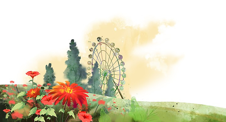 PSD 나무 식물 계절 꽃 컬러 백그라운드 꽃백그라운드 일러스트 자연 풍경 초원 사람없음 빨간색 봄풍경 봄 놀이공원 들꽃 풀 놀이기구 대관람차 봄배경 국내일러스트 테마파크 생태계 파일형식