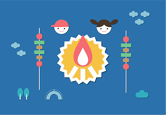 나무 식물 구름 계절 여자 남자 음식 백그라운드 일러스트 사람 풍경 두명 여름 여름풍경 꼬챙이 꼬치 플랫 장작 모닥불 불씨 국내일러스트 AI파일 자연요소 주방용품 불 파일형식 벡터 여름_계절