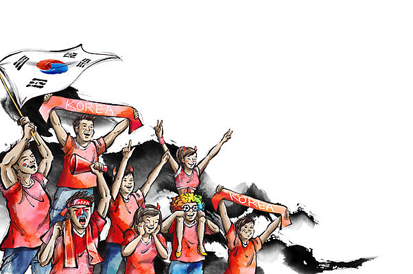 PSD 여자 남자 스포츠 일러스트 캘리그라피 응원 서기 사람 여러명 상반신 성인 운동 축구 확성기 응원용품 깃발 머리띠 국기 군중 태극기 붉은악마 축구응원 열정 응원단 성인만 월드싸커 국내일러스트 감정 다수 장신구 모션 건강 구기 오브젝트 파일형식