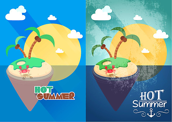 나무 식물 동물 구름 계절 바다 섬 백그라운드 일러스트 풍경 사람없음 여름 야자수 태양 여름풍경 꽃게 빈티지 비교 플랫 시원함 복고 무인도 국내일러스트 AI파일 자연요소 컨셉 게 파일형식 벡터 여름_계절