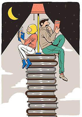 전신 PSD 라이프스타일 여자 교육 남자 별 생각 일러스트 상상 밤하늘 조명 사람 앉기 성인 취미 두명 라이프 책 독서 쌓기 기댐 달 스탠드 초승달 열정 열공 국내일러스트 자연요소 감정 모션 하늘 생활 학습 야간 파일형식