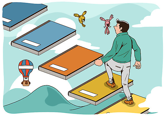 전신 PSD 동물 구름 라이프스타일 교육 남자 생각 일러스트 상상 조류 하늘 한명 서기 사람 성인 취미 라이프 책 독서 계단 희망 꿈 기구 열기구 목표 국내일러스트 자연요소 1 감정 컨셉 항공교통 모션 생활 파일형식