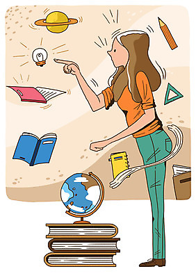 전신 PSD 라이프스타일 여자 교육 지구 생각 일러스트 전구 아이디어 한명 서기 사람 손짓 성인 취미 라이프 책 독서 필기구 연필 지구본 쌓기 우주 펼침 정보 가리킴 삼각자 힌트 국내일러스트 1 컨셉 모션 문구용품 학용품 자 생활 파일형식