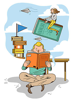 전신 PSD 라이프스타일 여자 교육 남자 생각 일러스트 상상 탁자 들기 사람 앉기 성인 취미 두명 라이프 책 독서 쌓기 비행 깃발 종이비행기 국내일러스트 가구 모션 생활 종이접기 파일형식