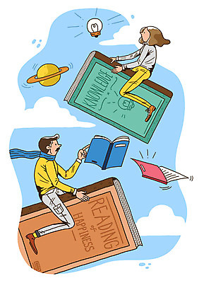 전신 PSD 구름 라이프스타일 여자 교육 남자 일러스트 전구 상상 하늘 사람 앉기 성인 취미 두명 라이프 책 독서 우주 행성 비행 가리킴 국내일러스트 자연요소 모션 손짓 생활 파일형식