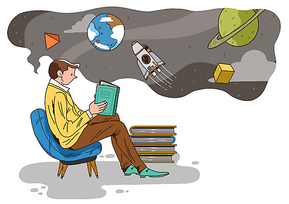 전신 PSD 구름 라이프스타일 교육 남자 별 말풍선 생각 의자 일러스트 상상 하늘 한명 들기 사람 앉기 성인 취미 라이프 책 독서 쌓기 우주 행성 로켓 우주선 국내일러스트 자연요소 1 가구 모션 생활 파일형식