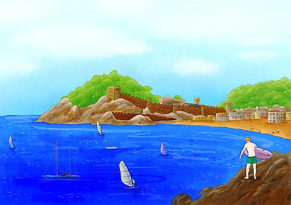 PSD 나무 식물 해외 건축물 계절 스포츠 바다 섬 여행 백그라운드 일러스트 들기 사람 풍경 여러명 해변 건물 여름 관광지 여행객 여름풍경 윈드서핑 수상스포츠 서핑보드 휴양지 바르셀로나 선박 국내일러스트 건축 다수 수상교통 모션 장소 보드_스포츠 스페인 파일형식 여름_계절