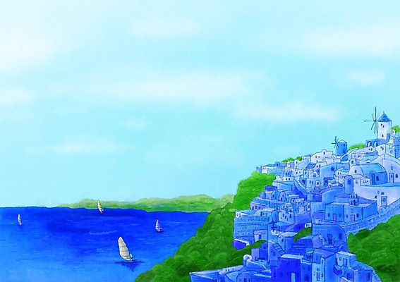 PSD 나무 식물 해외 건축물 계절 스포츠 바다 여행 백그라운드 일러스트 사람 풍경 여러명 건물 여름 관광지 여행객 여름풍경 윈드서핑 수상스포츠 서핑보드 그리스 휴양지 산토리니 국내일러스트 건축 유럽 다수 장소 보드_스포츠 파일형식 여름_계절