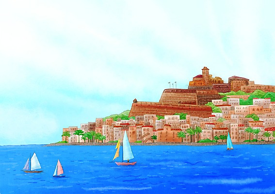 PSD 나무 식물 해외 건축물 계절 바다 섬 여행 백그라운드 요트 일러스트 풍경 사람없음 건물 여름 관광지 여름풍경 스페인 휴양지 선박 국내일러스트 건축 유럽 수상교통 배_교통 장소 파일형식 여름_계절