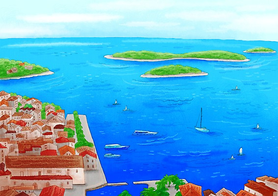 PSD 나무 식물 해외 건축물 계절 바다 섬 여행 백그라운드 일러스트 풍경 사람없음 건물 여름 관광지 여름풍경 휴양지 크로아티아 선박 국내일러스트 건축 유럽 수상교통 장소 파일형식 여름_계절