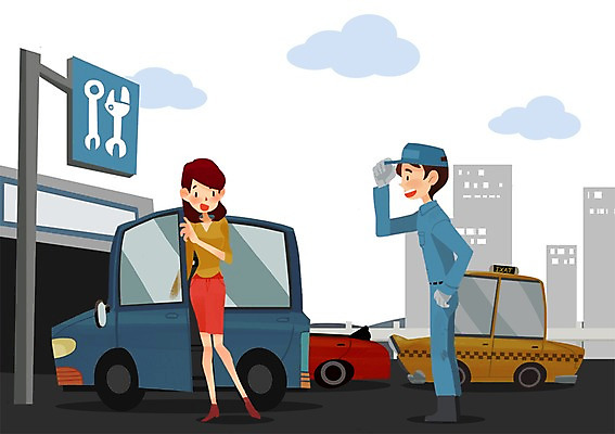 전신 PSD 건축물 여자 남자 일러스트 자동차 서기 안전 사람 성인 두명 건물 운전 예절 엔지니어 운전사 수리 검사_조사 예방 생활안전 안전수칙 교통안전 규칙 질서 안전운전 자동차예절 카센터 국내일러스트 직업 건축 육상교통 모션 센터 기술자 파일형식